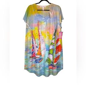 Leoma Lovegrove XL Tunic Dress Cover Up Lounge Sailboat Print V-Neck Artsy NWT